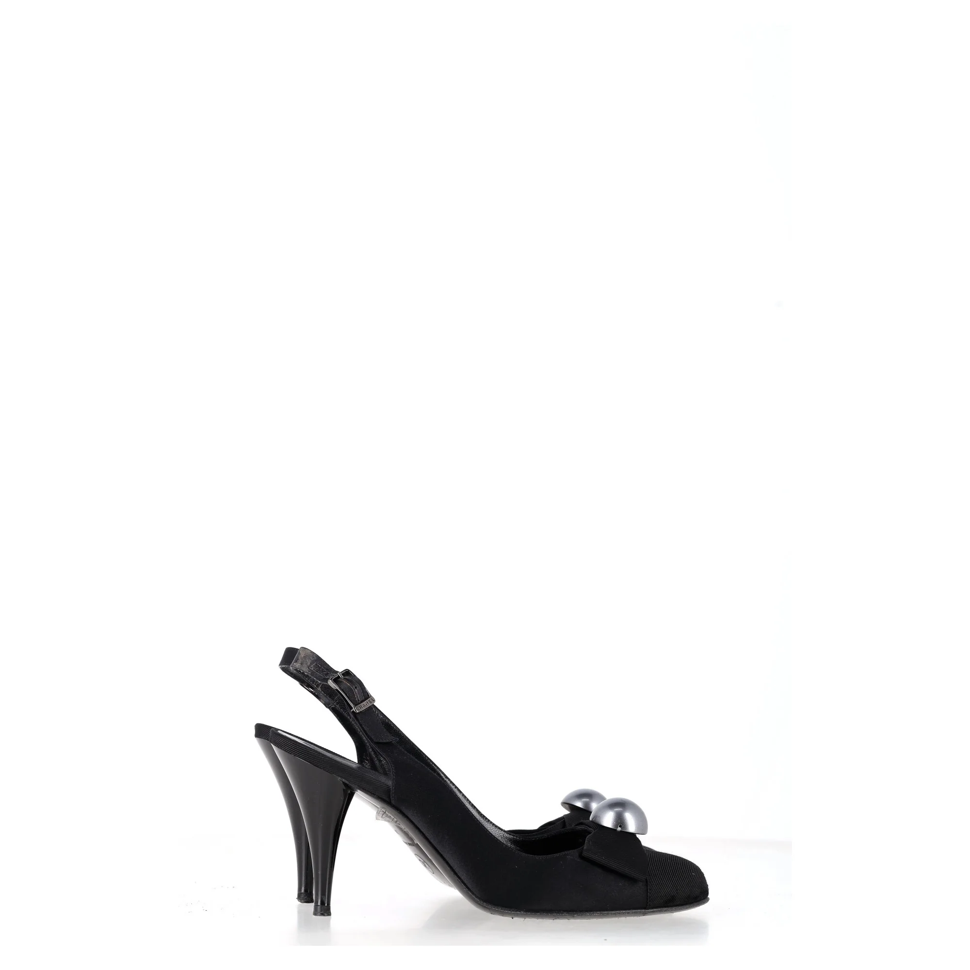 Women's Chanel Bow Pearl Embellished Slingback Pumps in Black Satin - Image 7