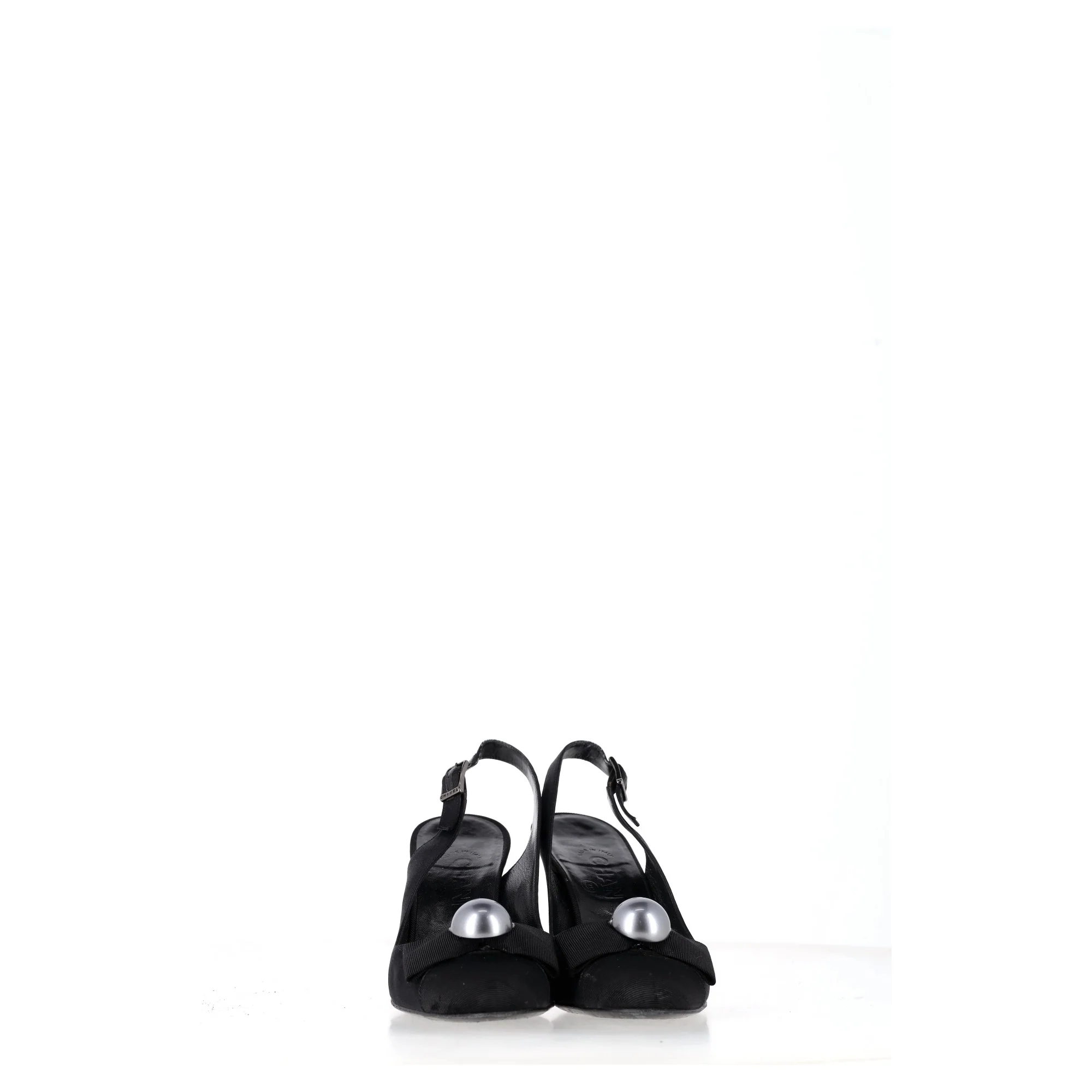 Women's Chanel Bow Pearl Embellished Slingback Pumps in Black Satin - Image 8