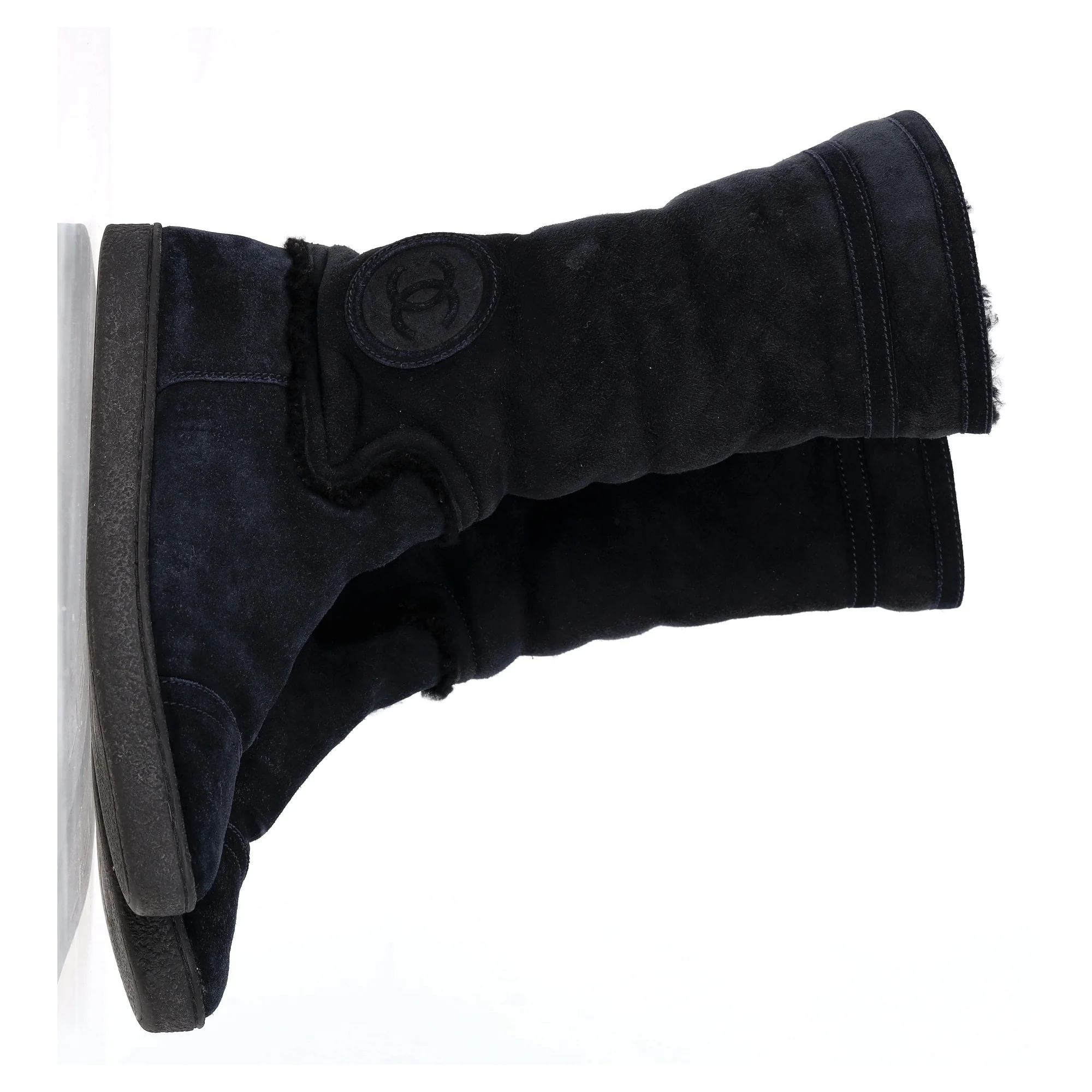 Women's Chanel CC Logo Shearling Boots in Navy Blue Suede - Image 10