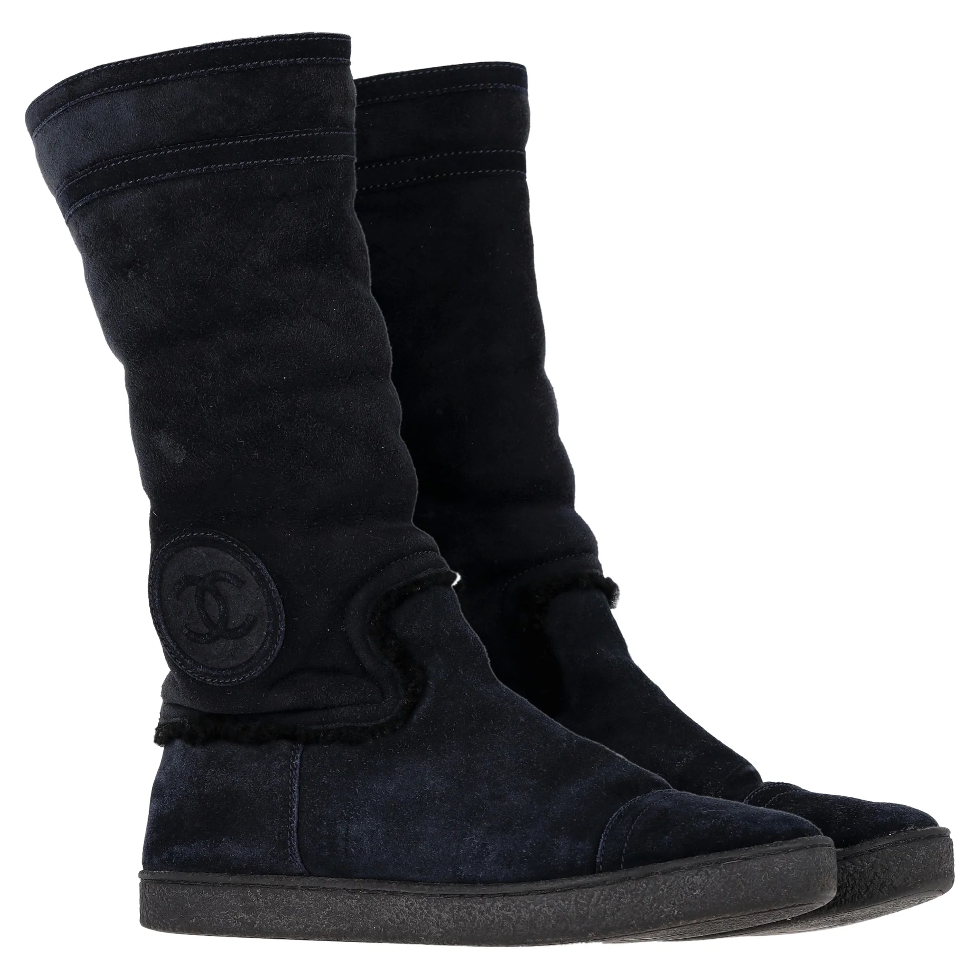 Women's Chanel CC Logo Shearling Boots in Navy Blue Suede - Image 4