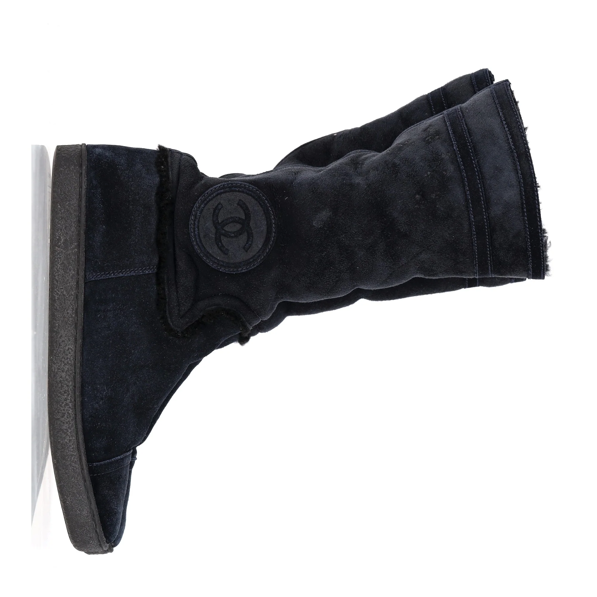 Women's Chanel CC Logo Shearling Boots in Navy Blue Suede - Image 7