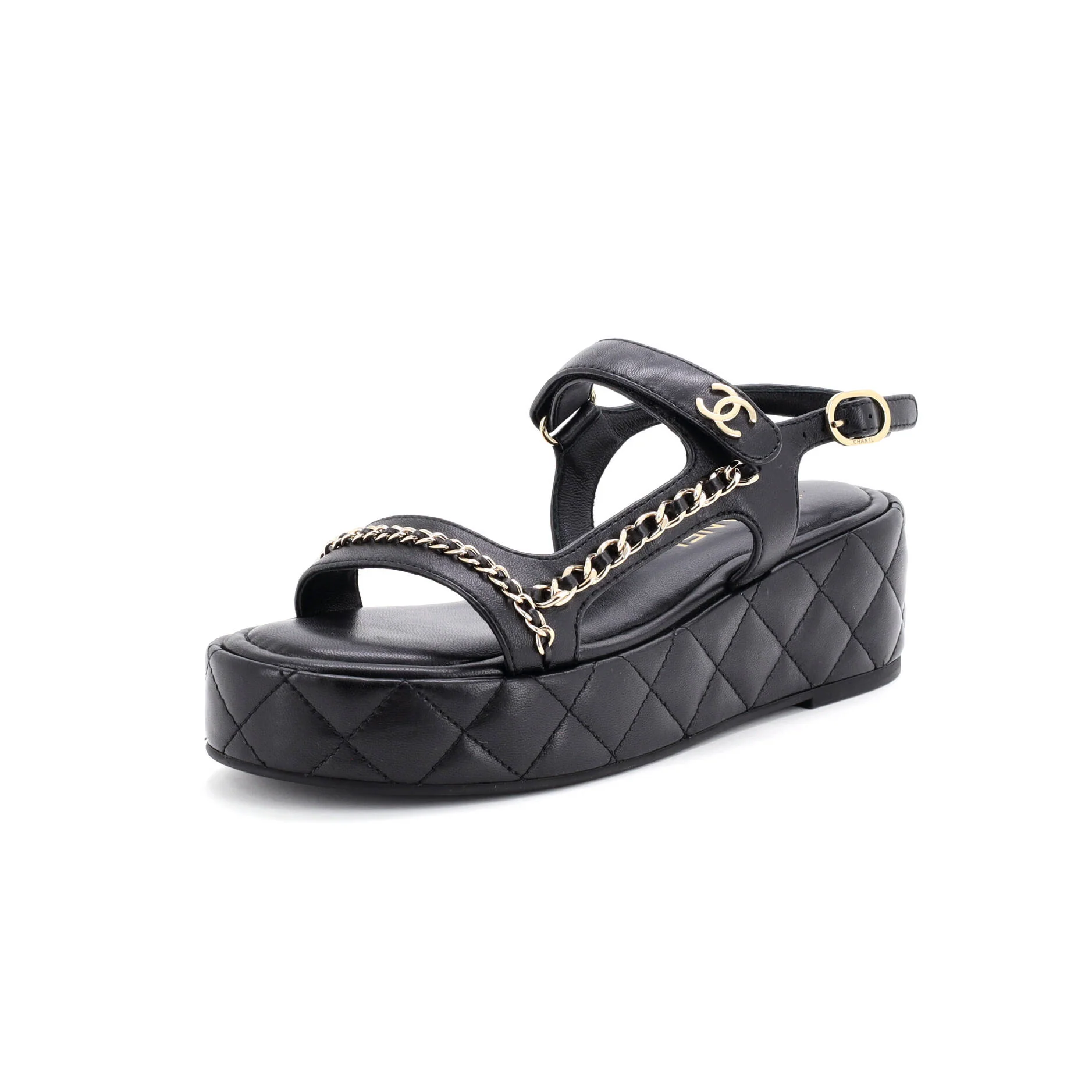 Women's Velcro Platform Sandals Quilted Leather with Chain Detail
