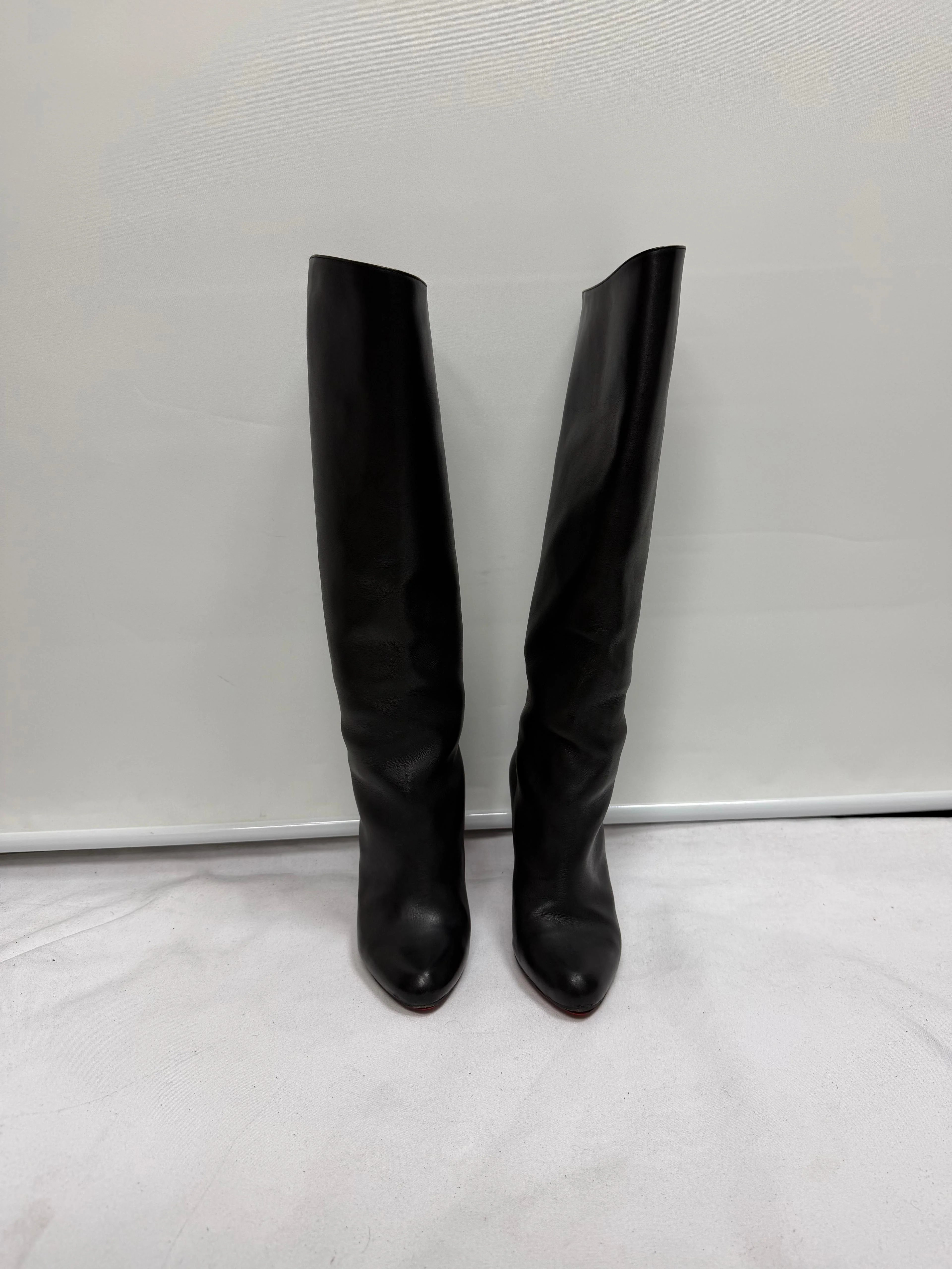 Women's  Christian Louboutin Almond-Toe Knee-High Boots in Black Leather - Image 9