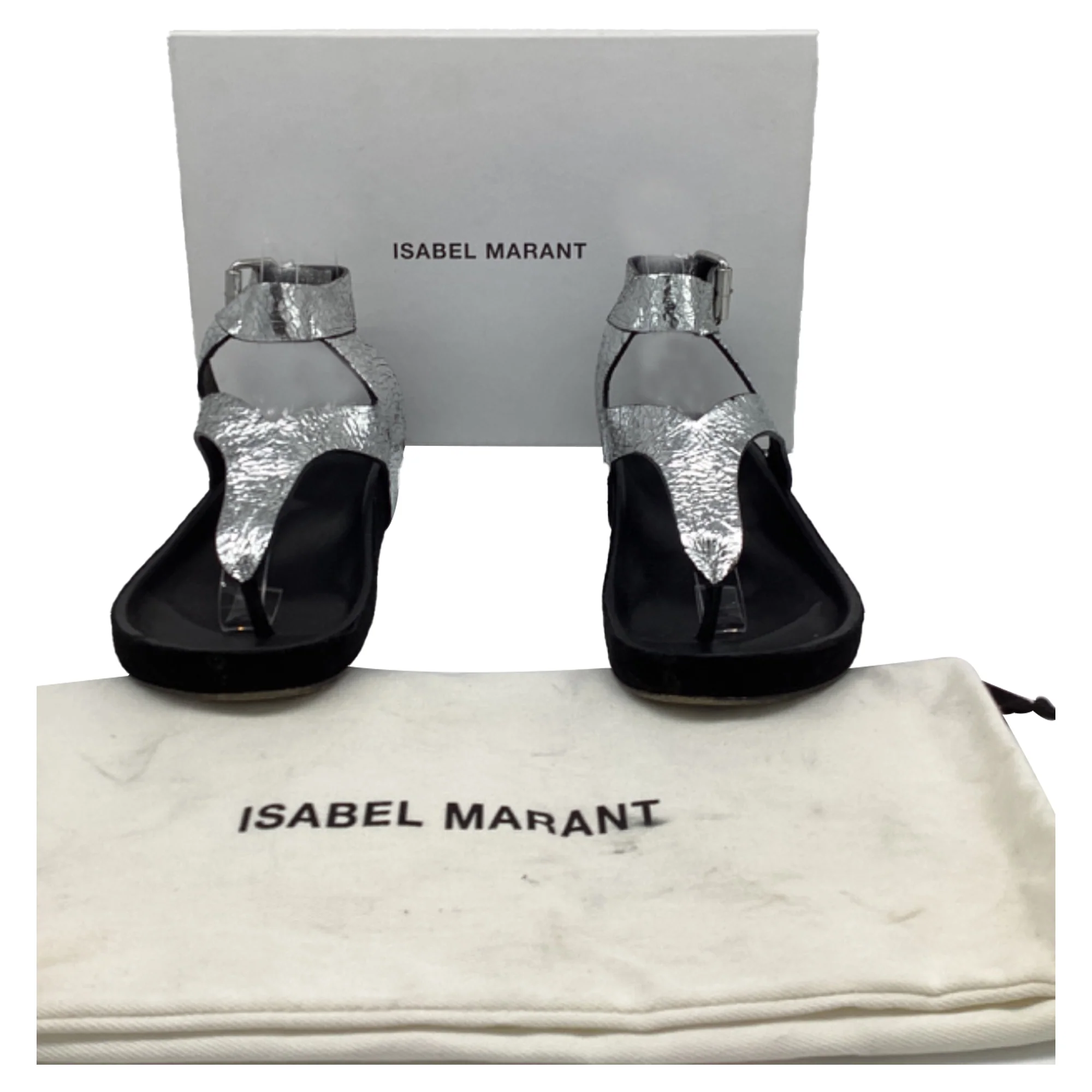 Women's Isabel Marant Ankle Strap Flat Sandals in Metallic Silver Leather - Image 4