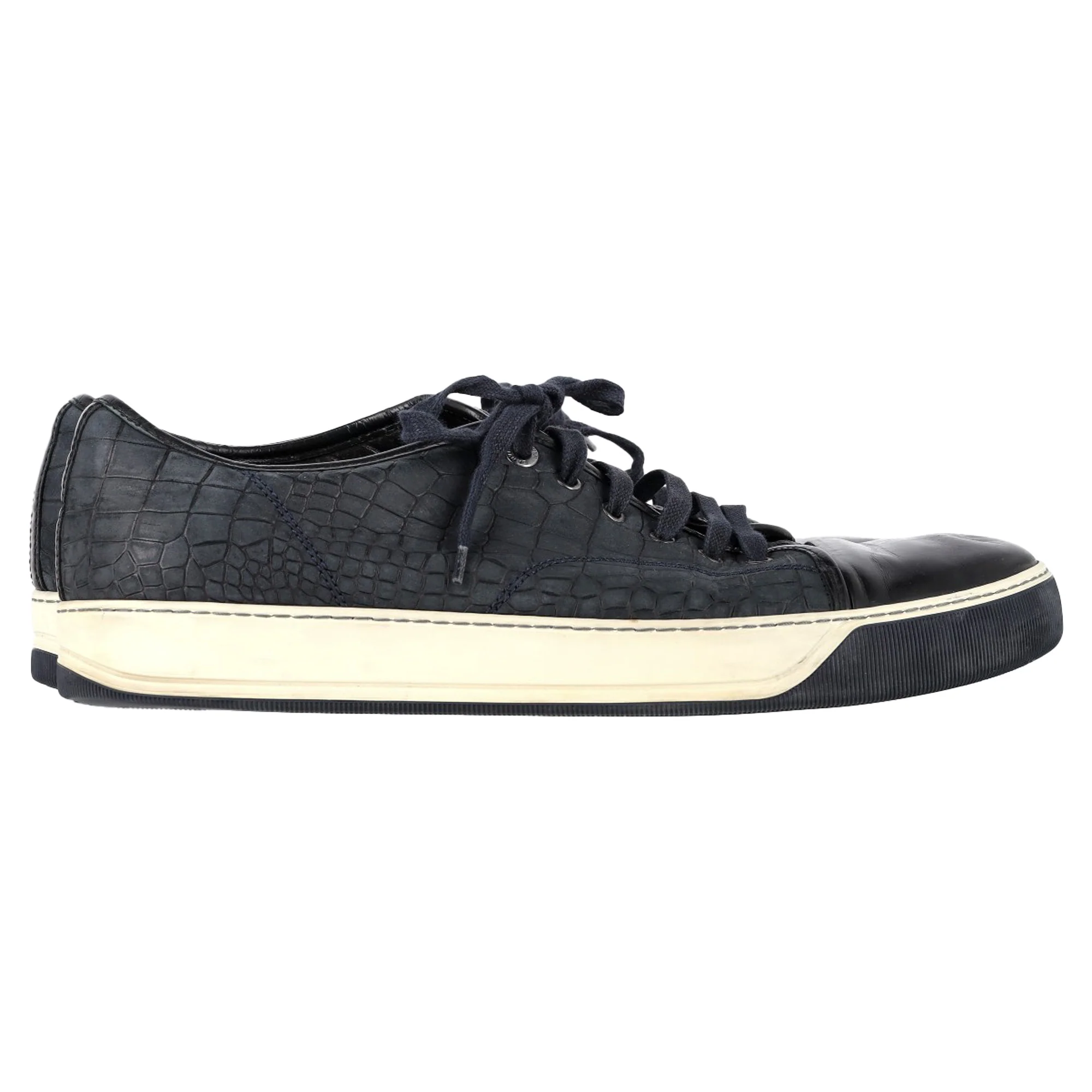 Men's Lanvin DBB1 Croc-Embossed Sneakers in Navy Blue Leather