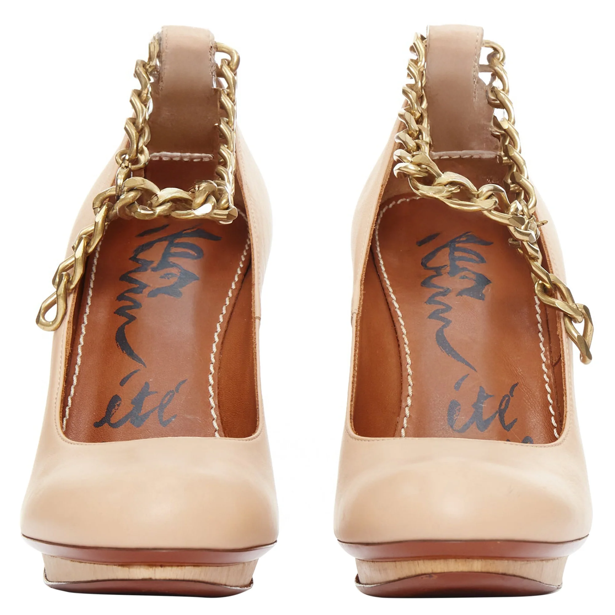 Women's LANVIN 2010 Runway nude leather gold chunky chain wooden platform pumps EU36.5 - Image 3
