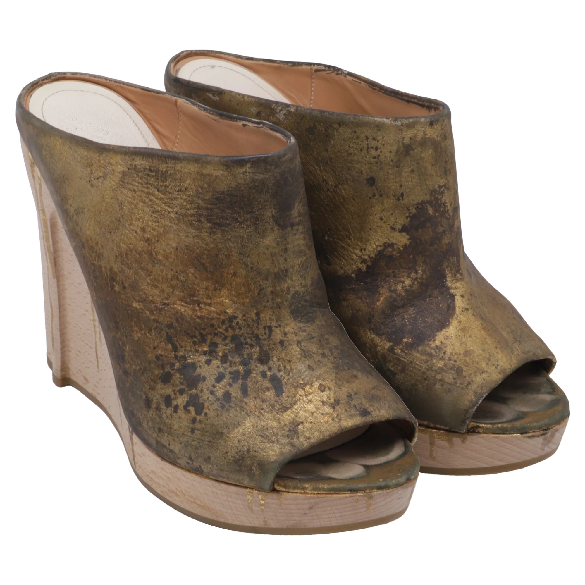 Women's Maison Margiela Distressed Paint Drip Wedge Sandals in Gold Leather - Image 3