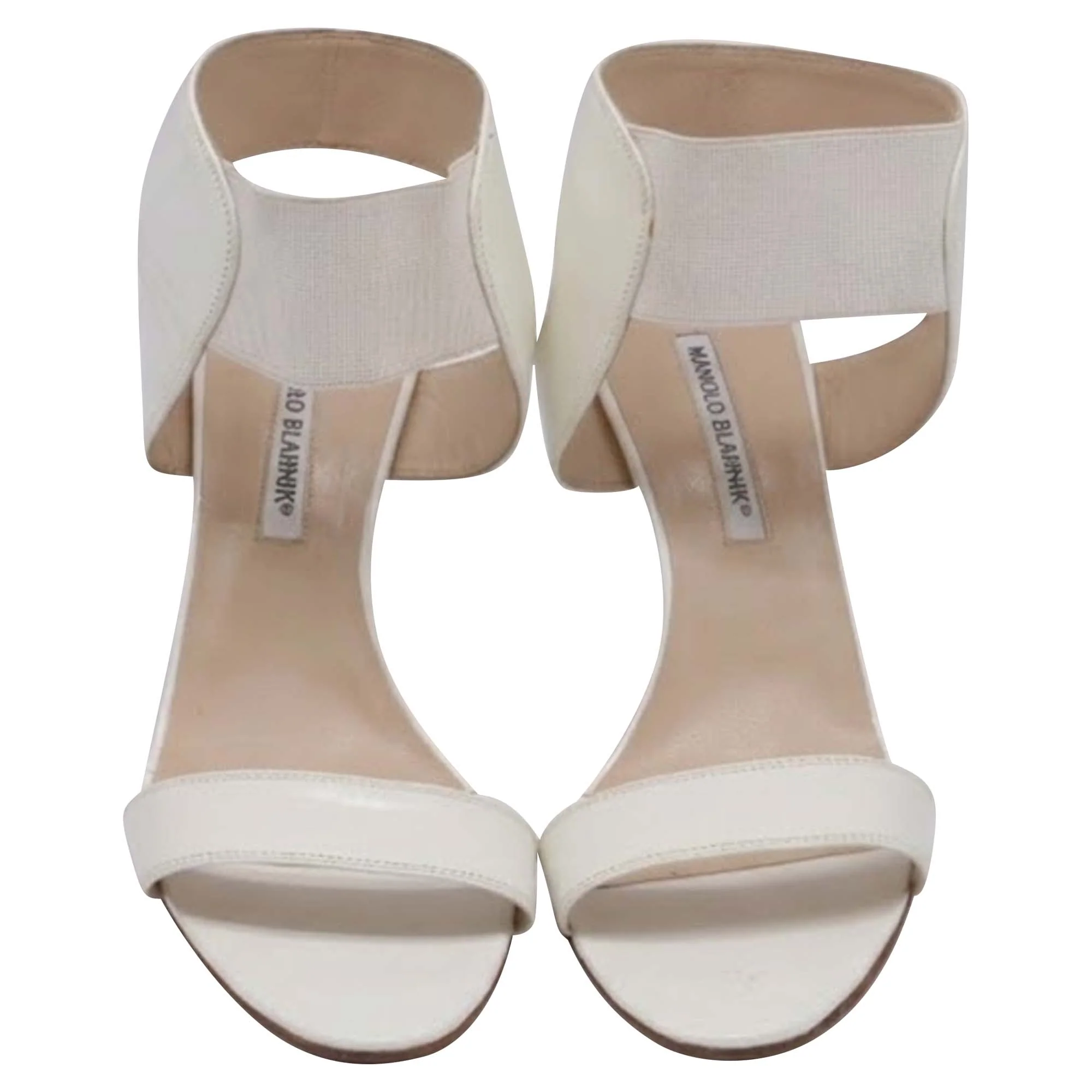 Women's Manolo Blahnik Elastic Strap Sandal Heels in White Leather - Image 2