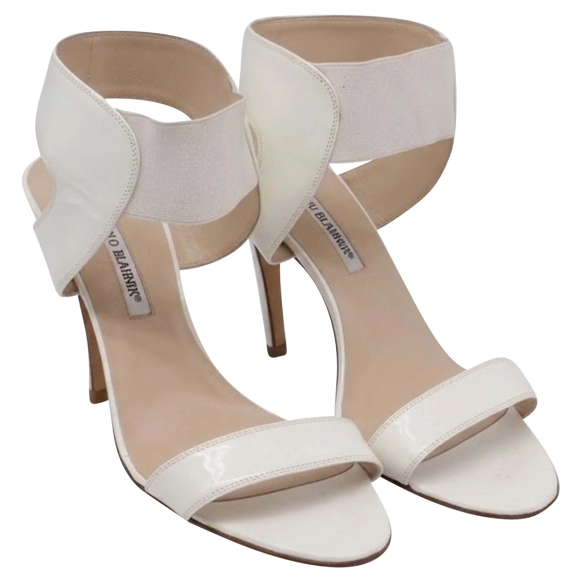 Women's Manolo Blahnik Elastic Strap Sandal Heels in White Leather - Image 3