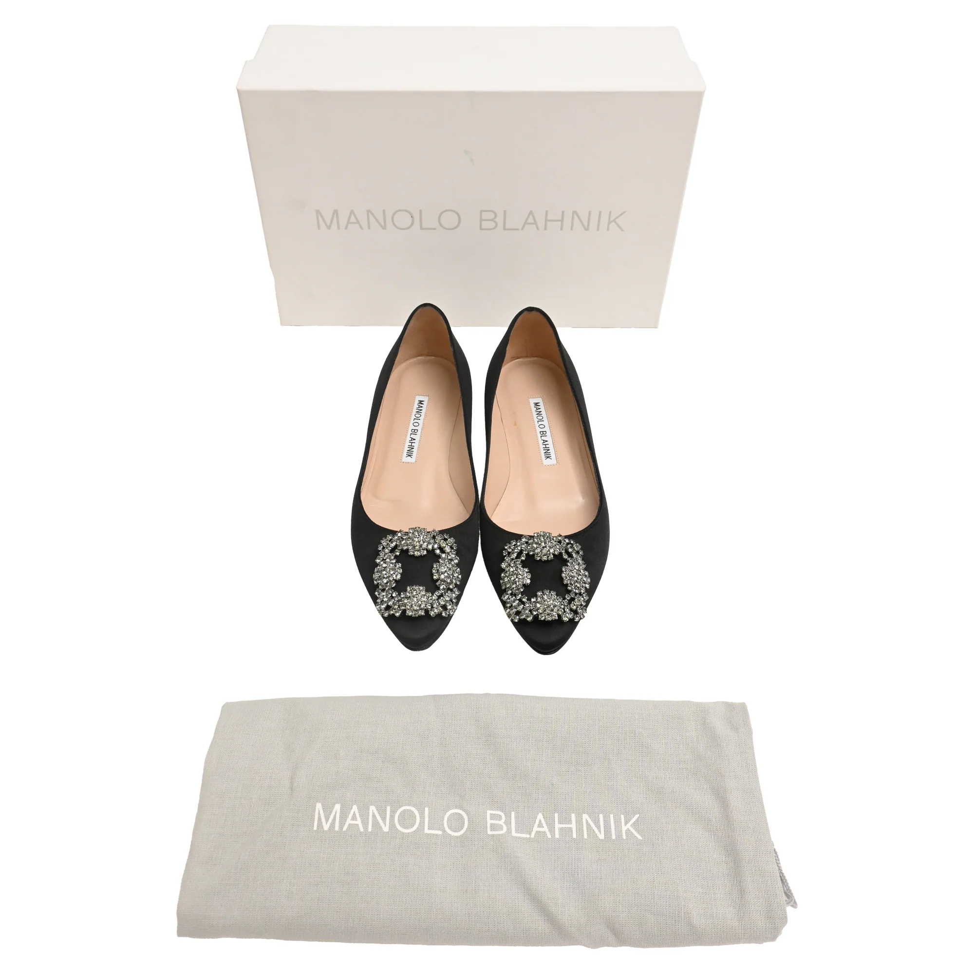Women's Manolo Blahnik Hangisi Ballet Flats in Black Satin - Image 8