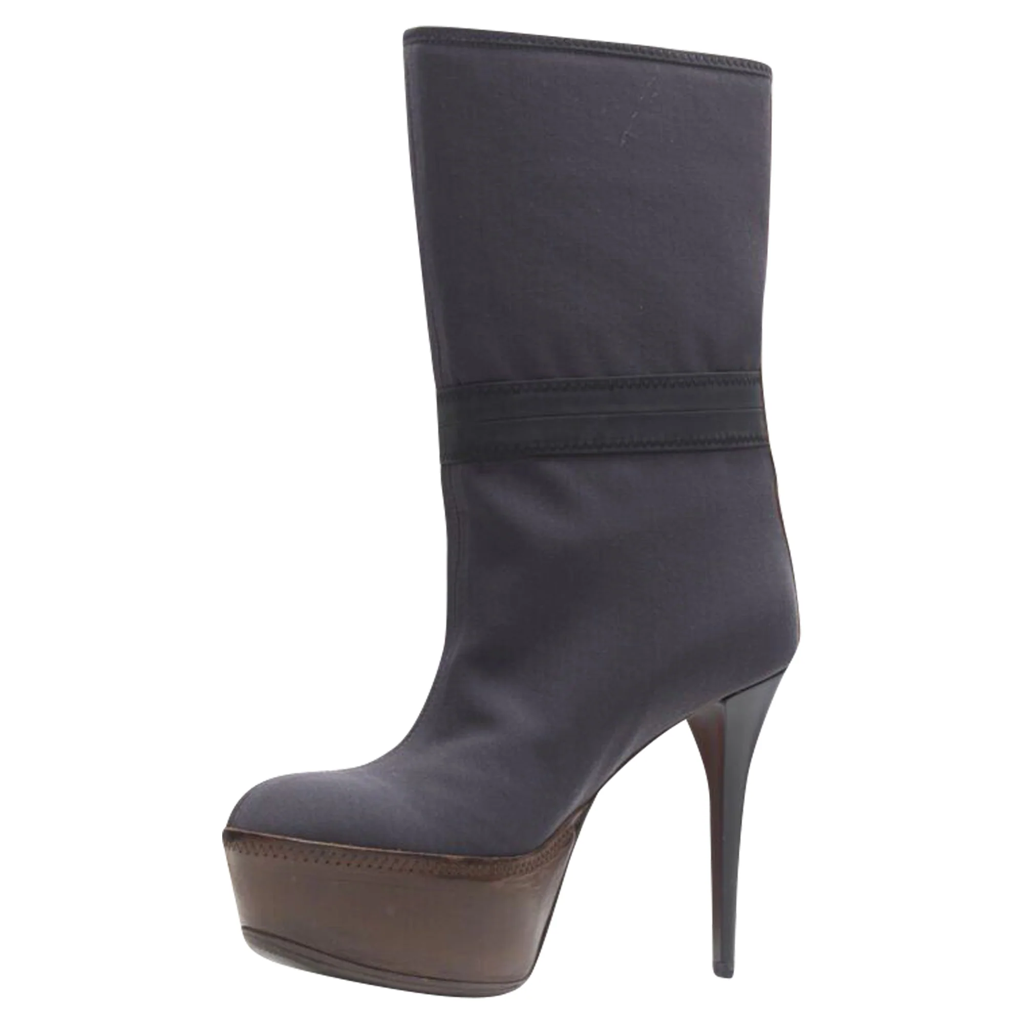 Women's Marni fabric upper leather platform round toe high heel boot - Image 4