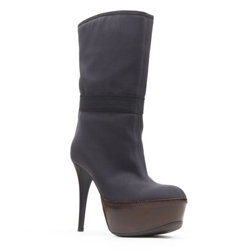 Women's Marni fabric upper leather platform round toe high heel boot - Image 8