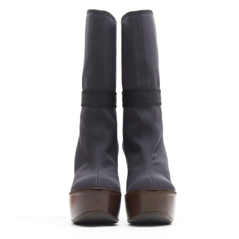 Women's Marni fabric upper leather platform round toe high heel boot - Image 9