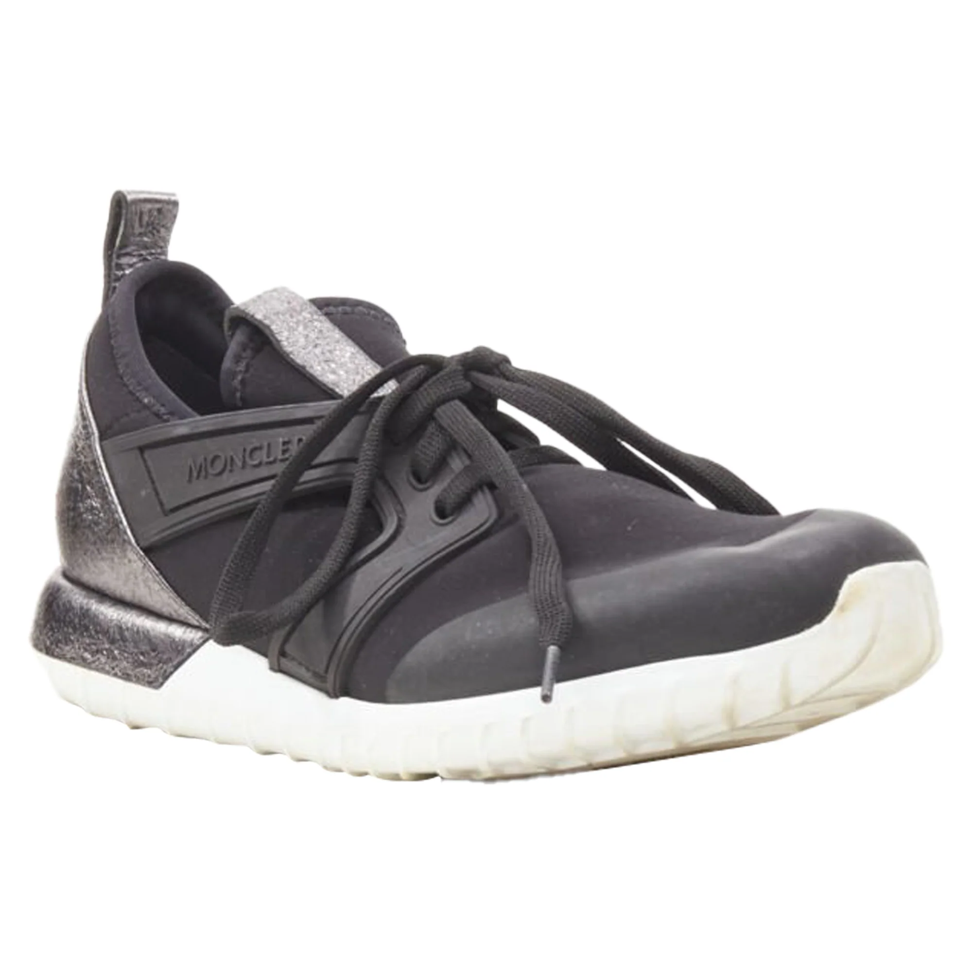 Women's MONCLER black neoprene plastic caged metallic leather heel sports sneaker EU37 - Image 2