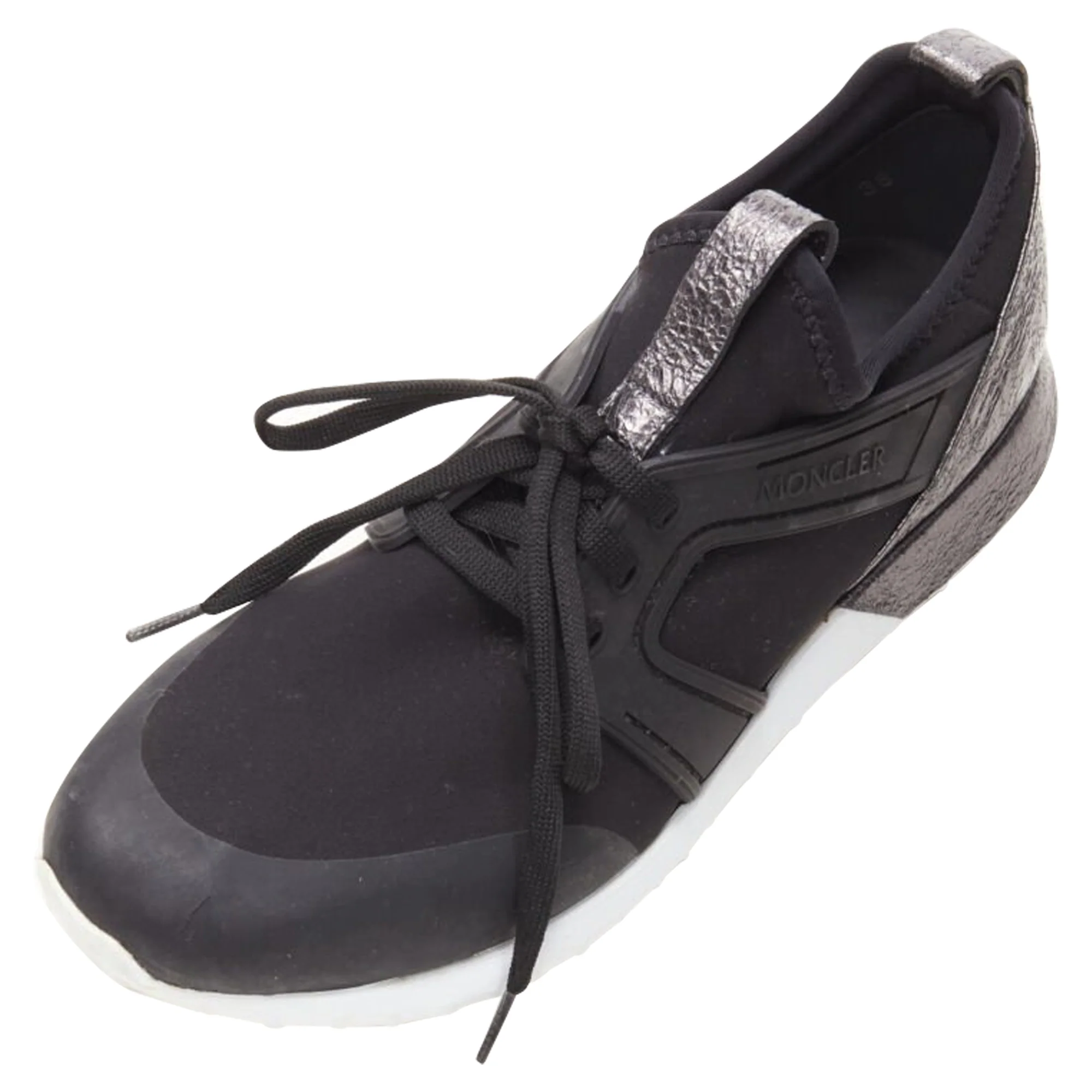 Women's MONCLER black neoprene plastic caged metallic leather heel sports sneaker EU37 - Image 6