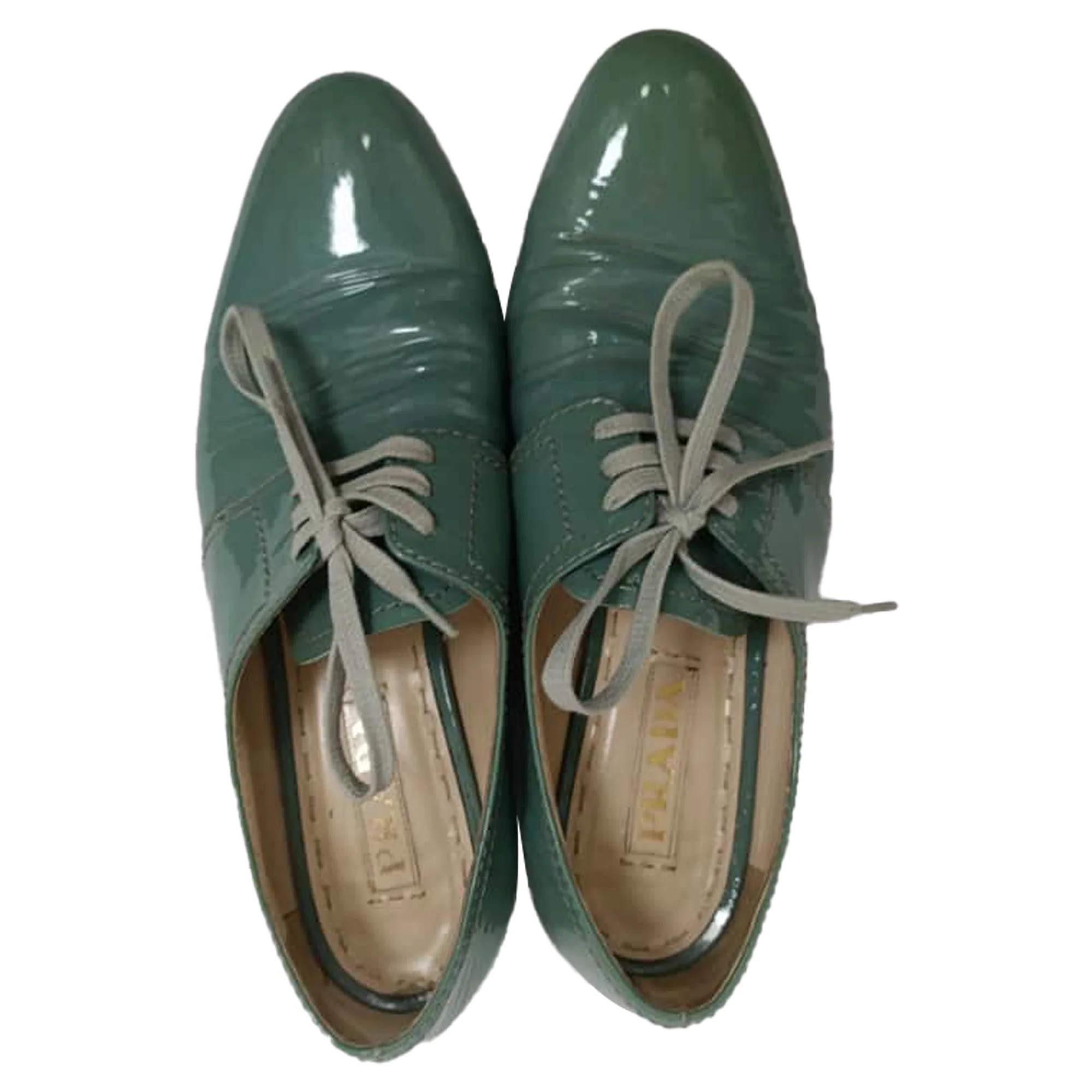 Women's Prada Lace Up Oxfords in Green Patent Leather - Image 10