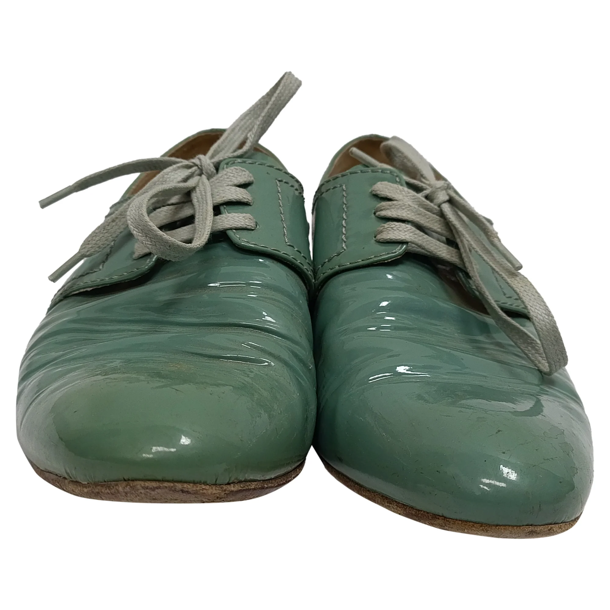 Women's Prada Lace Up Oxfords in Green Patent Leather - Image 6