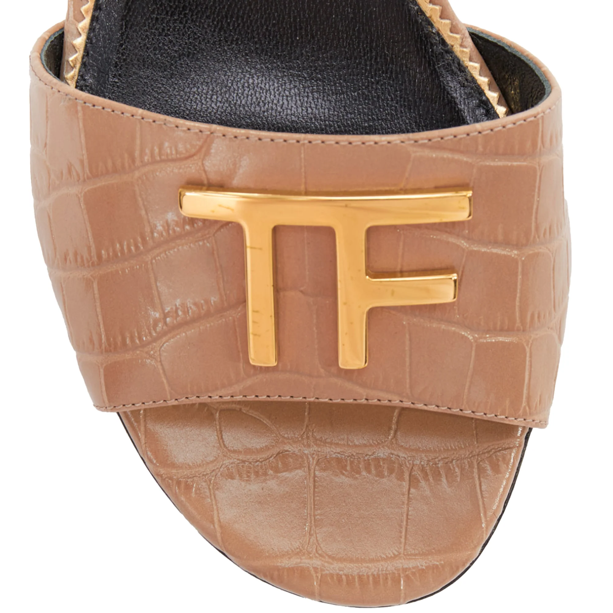 Women's TOM FORD taupe croc embossed calfskin gold TF logo kitten heel sandal EU36 - Image 6