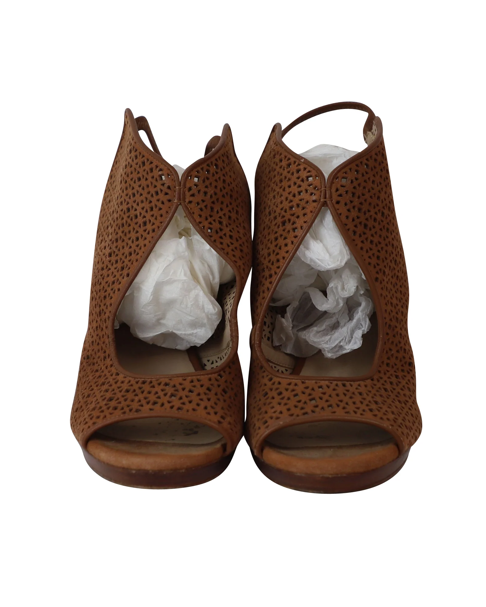 Women's Tory Burch Laser Cut Peep-Toe Sandals in Brown Leather - Image 2