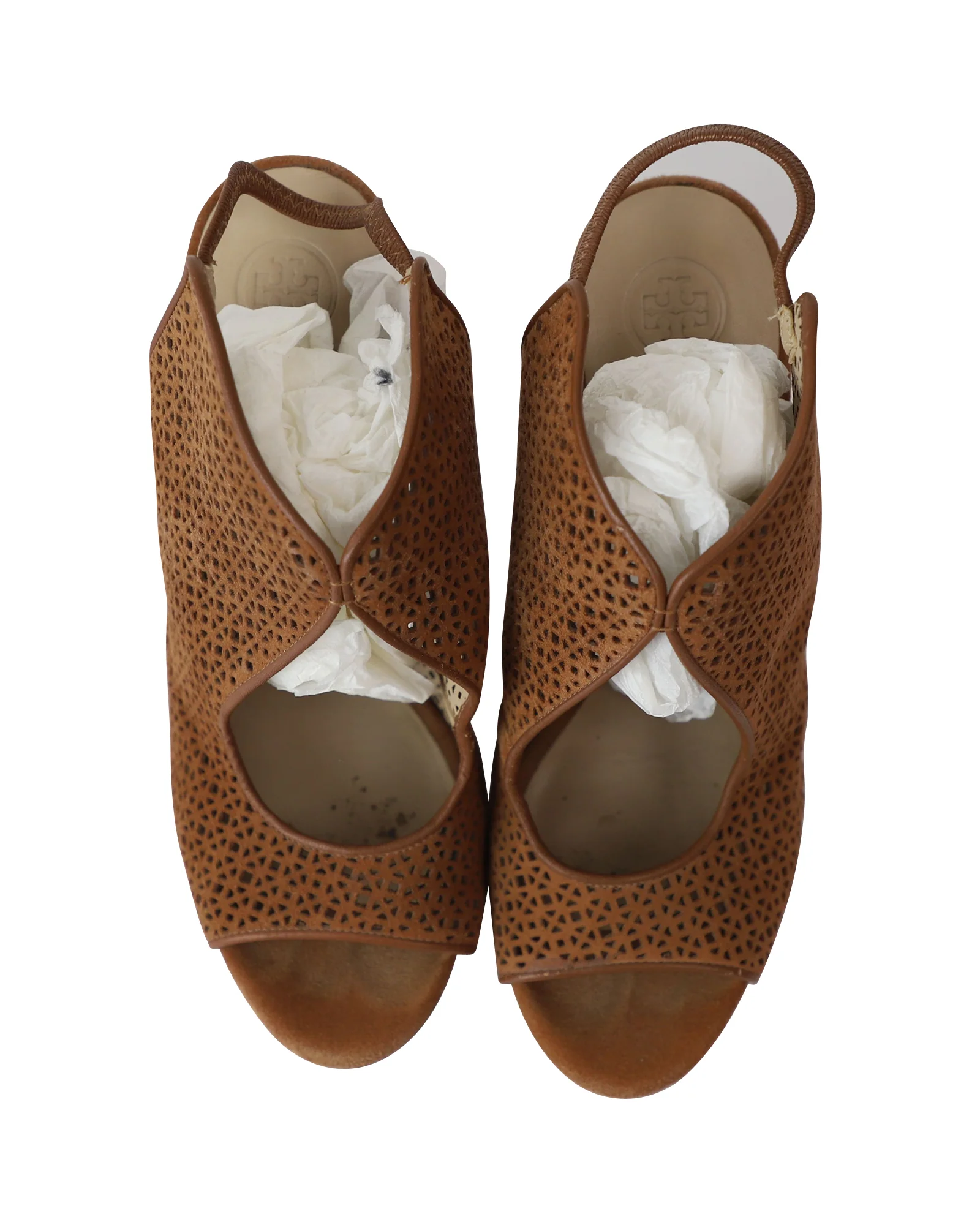 Women's Tory Burch Laser Cut Peep-Toe Sandals in Brown Leather - Image 7