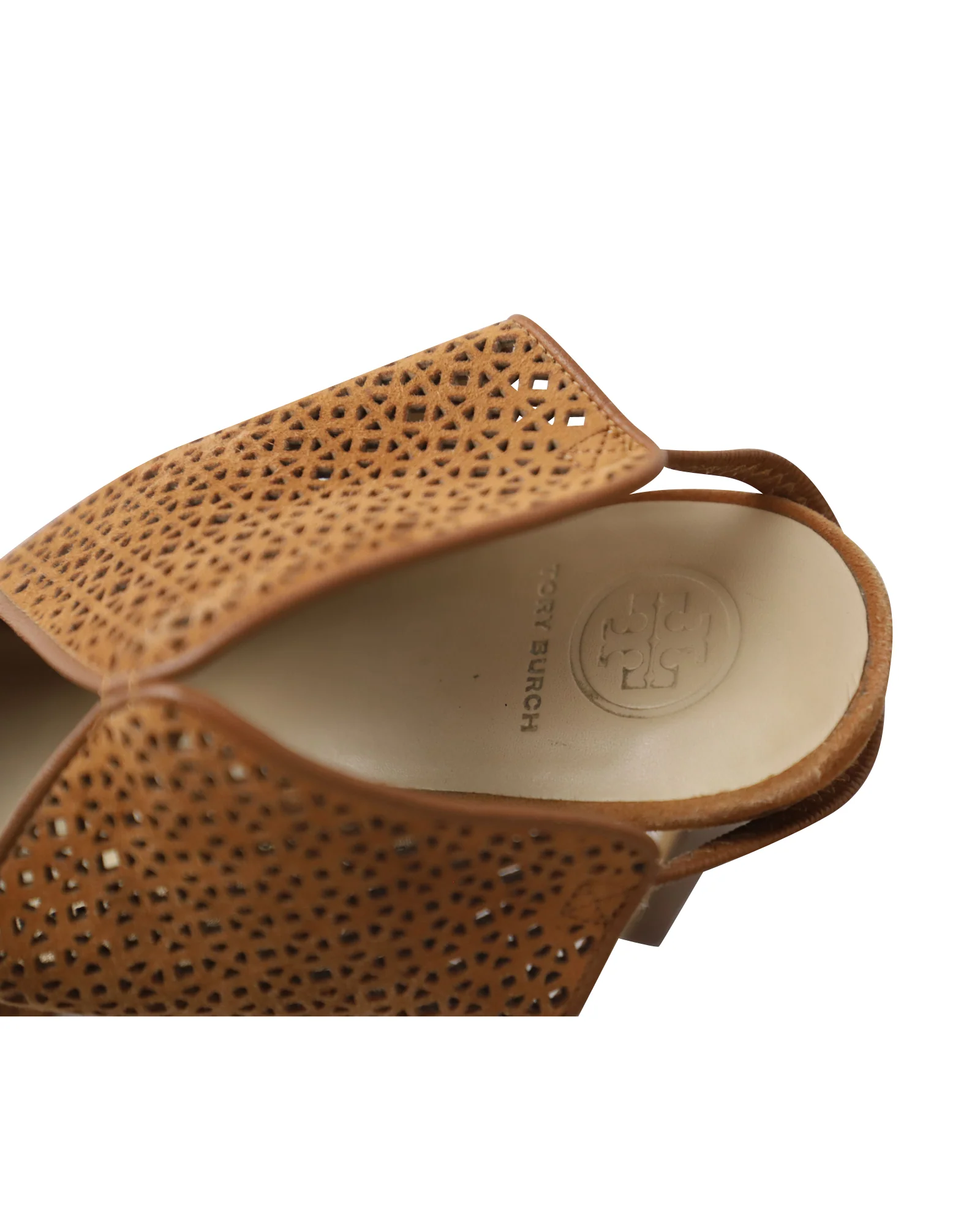 Women's Tory Burch Laser Cut Peep-Toe Sandals in Brown Leather - Image 9