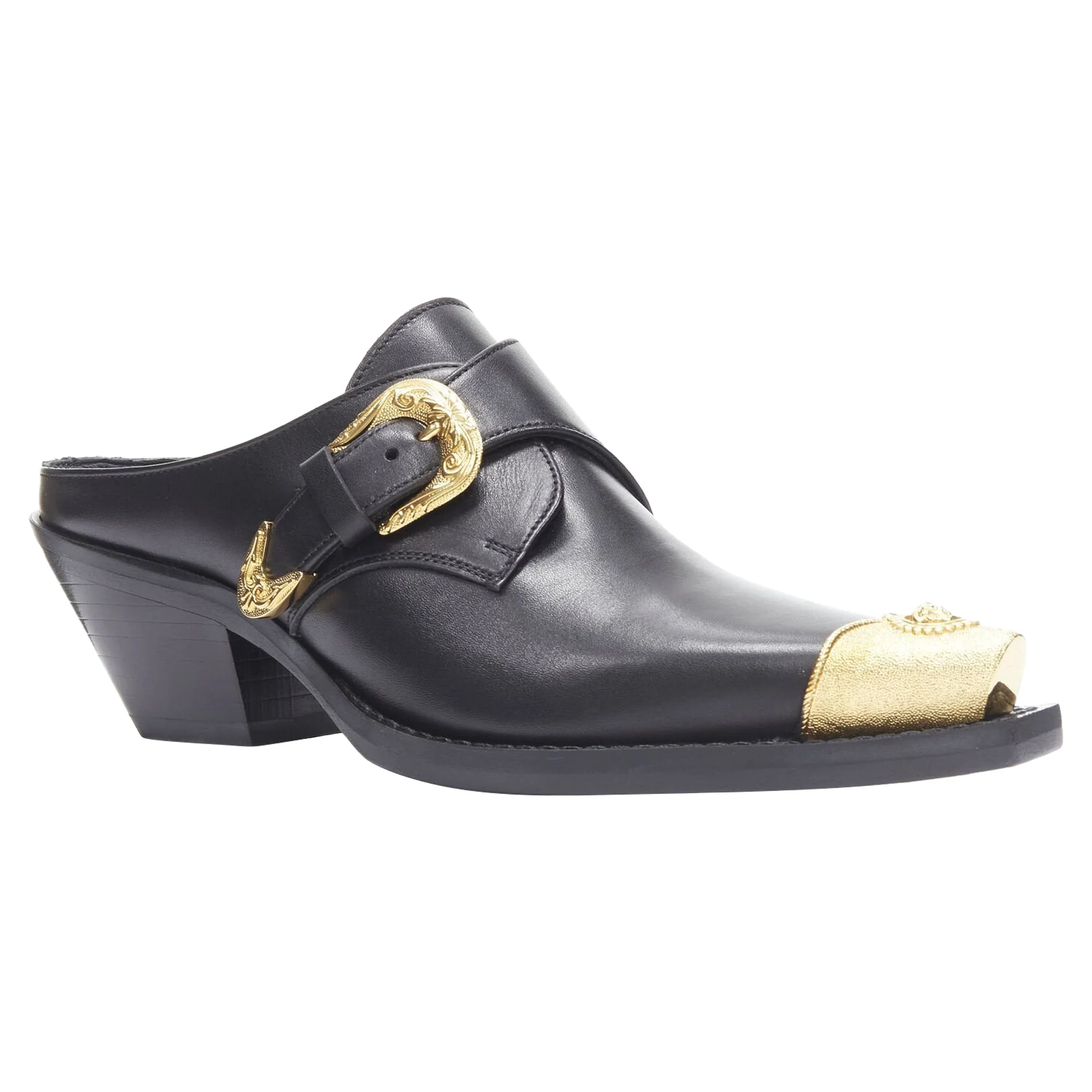 Women's VERSACE 2019 black leather gold Medusa toe western buckle Cuban mule EU37 - Image 2