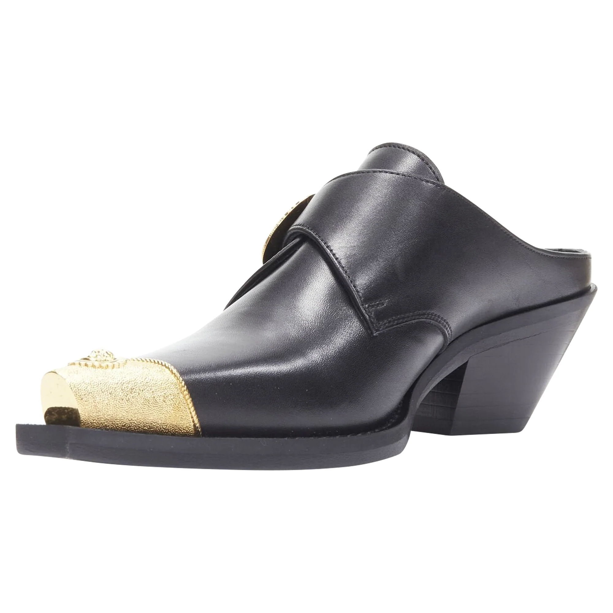 Women's VERSACE 2019 black leather gold Medusa toe western buckle Cuban mule EU37 - Image 4