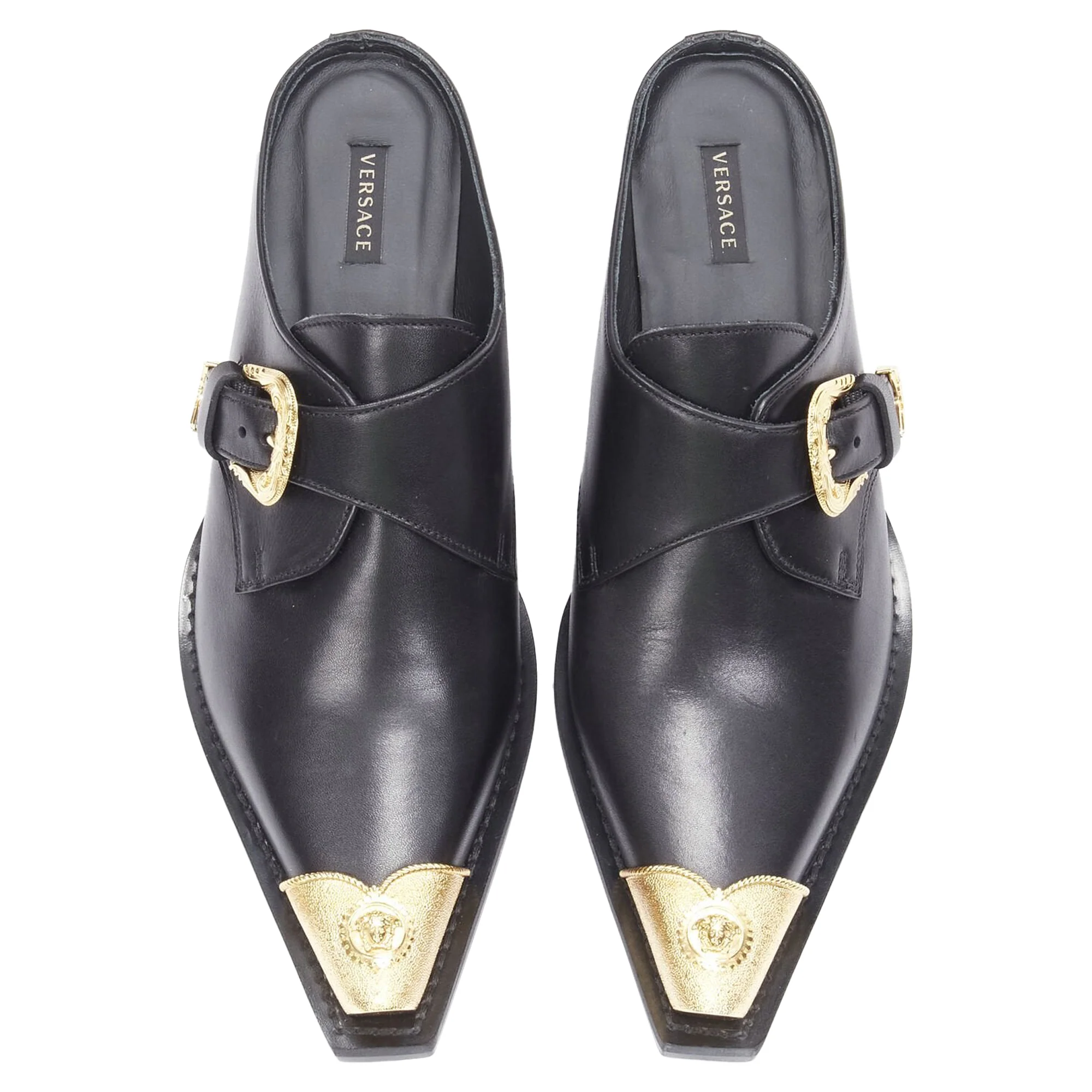 Women's VERSACE 2019 black leather gold Medusa toe western buckle Cuban mule EU37 - Image 9