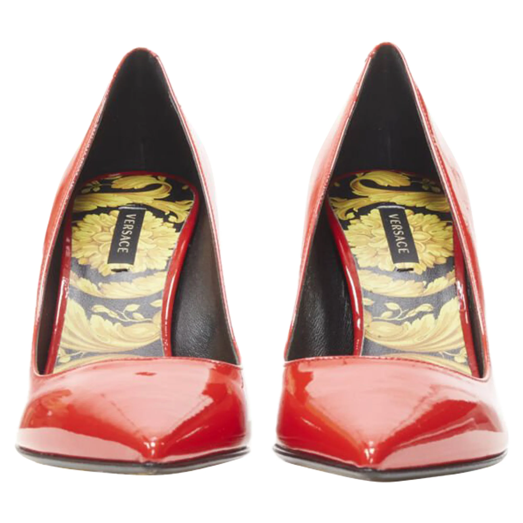 Women's VERSACE Hibiscus Barocco gold sole red patent Medusa stud pump EU37.5 US7.5 - Image 3