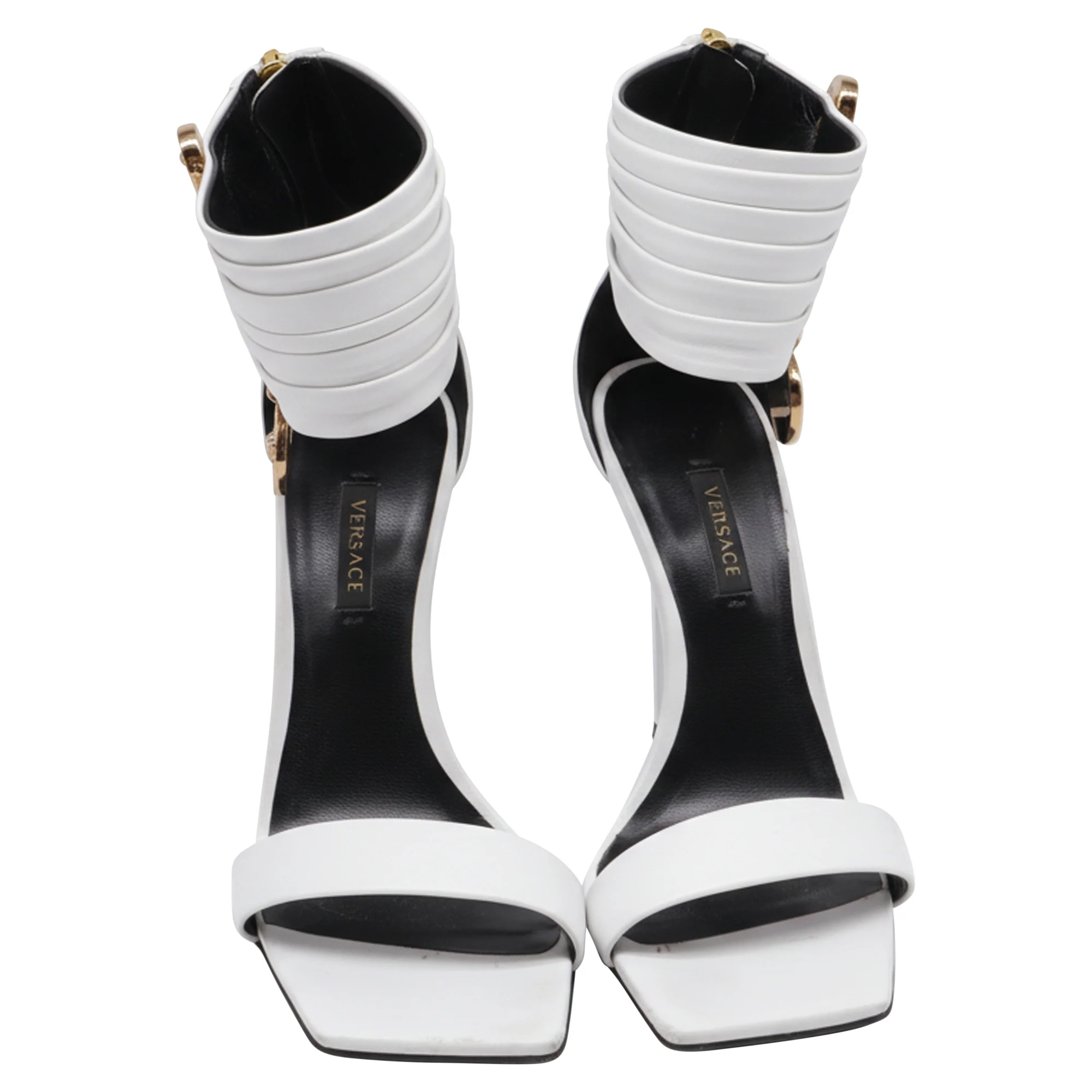 Women's Versace Safety Pin Ankle-Cuff Sandals in White Leather - Image 2