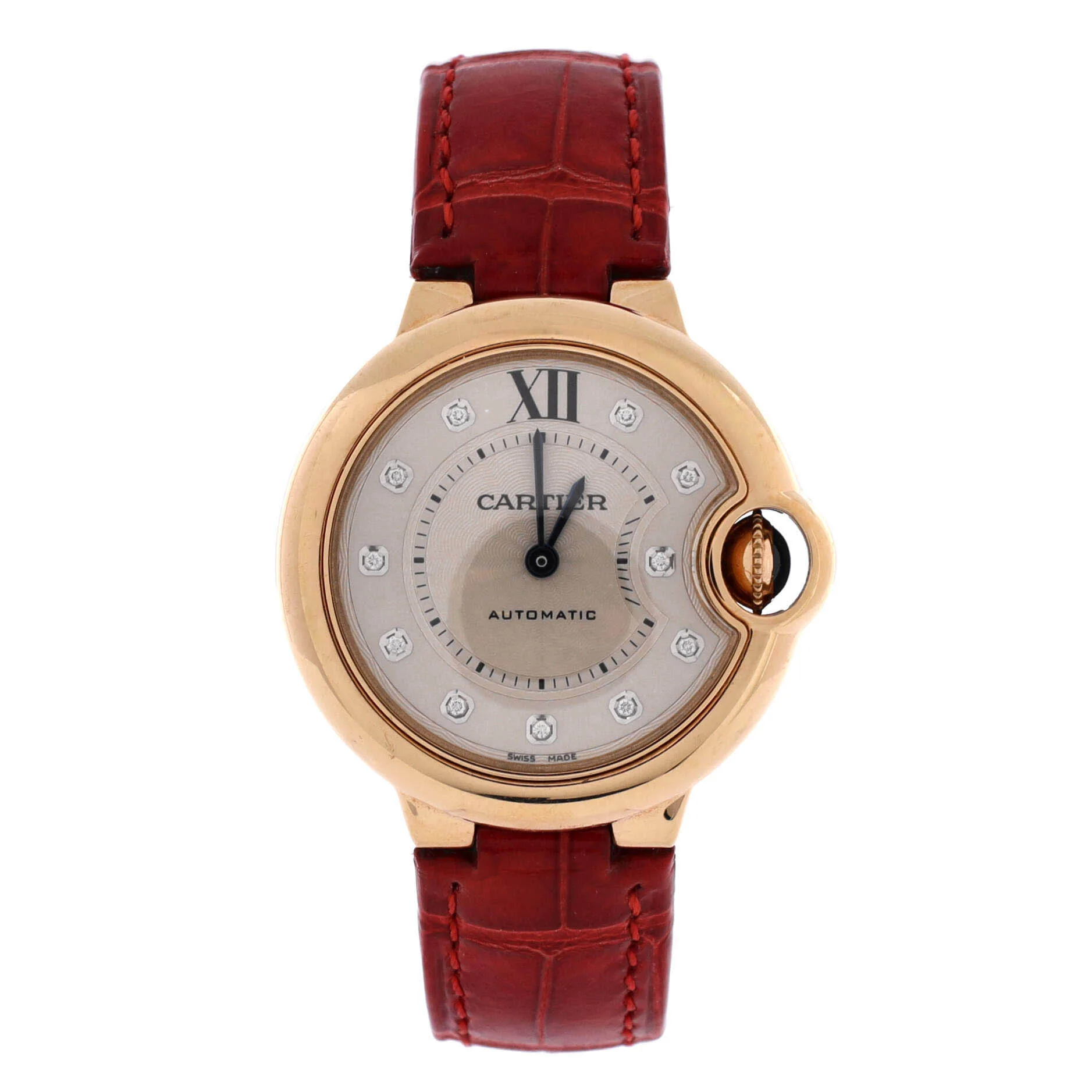 Ballon Bleu de Cartier Automatic Watch Rose Gold and Alligator with Diamond Markers 33